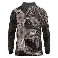 Hawaiian Plumeria and Hibiscus with Turtles Long Sleeve Polo Shirt Polynesian Art Grayscale - Polynesian Pride