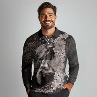 Hawaiian Plumeria and Hibiscus with Turtles Long Sleeve Polo Shirt Polynesian Art Grayscale - Polynesian Pride