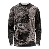 Hawaiian Plumeria and Hibiscus with Turtles Long Sleeve Shirt Polynesian Art Grayscale - Polynesian Pride