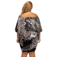 Hawaiian Plumeria and Hibiscus with Turtles Off Shoulder Short Dress Polynesian Art Grayscale - Polynesian Pride