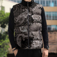 Hawaiian Plumeria and Hibiscus with Turtles Sleeveless Puffer Jacket Polynesian Art Grayscale - Polynesian Pride