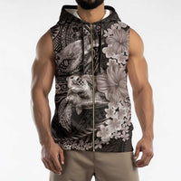 Hawaiian Plumeria and Hibiscus with Turtles Sleeveless Zip Hoodie Polynesian Art Grayscale - Polynesian Pride
