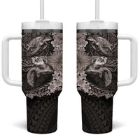Hawaiian Plumeria and Hibiscus with Turtles Tumbler With Handle Polynesian Art Grayscale LT03 One Size: 40 oz Black - Polynesian Pride