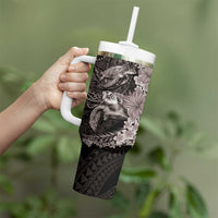 Hawaiian Plumeria and Hibiscus with Turtles Tumbler With Handle Polynesian Art Grayscale LT03 - Polynesian Pride