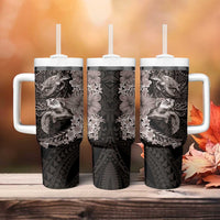 Hawaiian Plumeria and Hibiscus with Turtles Tumbler With Handle Polynesian Art Grayscale LT03 - Polynesian Pride