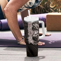 Hawaiian Plumeria and Hibiscus with Turtles Tumbler With Handle Polynesian Art Grayscale LT03 - Polynesian Pride