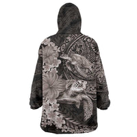 Hawaiian Plumeria and Hibiscus with Turtles Wearable Blanket Hoodie Polynesian Art Grayscale - Polynesian Pride