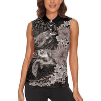 Hawaiian Plumeria and Hibiscus with Turtles Women Sleeveless Polo Shirt Polynesian Art Grayscale - Polynesian Pride