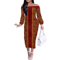 Hawaii Style Hibiscus and Tribal Element Fabric Patchwork Family Matching Off Shoulder Long Sleeve Dress and Hawaiian Shirt LT03 Mom's Dress Red - Polynesian Pride