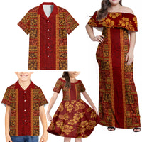 Hawaii Style Hibiscus and Tribal Element Fabric Patchwork Family Matching Off Shoulder Maxi Dress and Hawaiian Shirt LT03 - Polynesian Pride