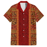 Hawaii Style Hibiscus and Tribal Element Fabric Patchwork Family Matching Off Shoulder Maxi Dress and Hawaiian Shirt LT03 Dad's Shirt - Short Sleeve Red - Polynesian Pride