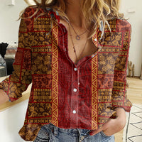 Hawaii Style Hibiscus and Tribal Element Fabric Patchwork Women Casual Shirt LT03 Female Red - Polynesian Pride