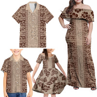 Hawaii Style Hibiscus and Tribal Element Fabric Patchwork Family Matching Off Shoulder Maxi Dress and Hawaiian Shirt Beige Version LT03 - Polynesian Pride