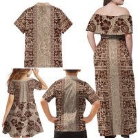 Hawaii Style Hibiscus and Tribal Element Fabric Patchwork Family Matching Off Shoulder Maxi Dress and Hawaiian Shirt Beige Version LT03 - Polynesian Pride