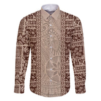 Hawaii Style Hibiscus and Tribal Element Fabric Patchwork Family Matching Off Shoulder Maxi Dress and Hawaiian Shirt Beige Version LT03 Dad's Shirt - Long Sleeve Beige - Polynesian Pride