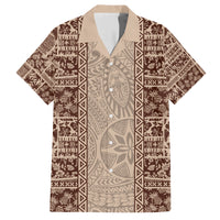 Hawaii Style Hibiscus and Tribal Element Fabric Patchwork Family Matching Short Sleeve Bodycon Dress and Hawaiian Shirt Beige Version LT03 Dad's Shirt - Short Sleeve Beige - Polynesian Pride