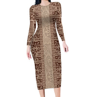 Hawaii Style Hibiscus and Tribal Element Fabric Patchwork Long Sleeve Bodycon Dress Beige Version LT03 Long Dress Beige - Polynesian Pride