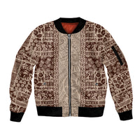 Hawaii Style Hibiscus and Tribal Element Fabric Patchwork Sleeve Zip Bomber Jacket Beige Version LT03 Unisex Beige - Polynesian Pride