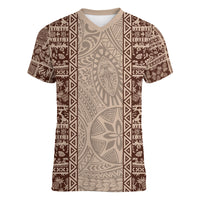 Hawaii Style Hibiscus and Tribal Element Fabric Patchwork Women V Neck T Shirt Beige Version LT03 Female Beige - Polynesian Pride