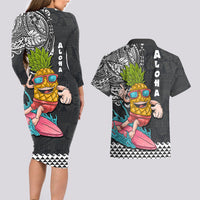 Hawaii Pineapple Surfing With Kakau Tribal Couples Matching Long Sleeve Bodycon Dress and Hawaiian Shirt LT03 - Polynesian Pride