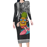 Hawaii Pineapple Surfing With Kakau Tribal Long Sleeve Bodycon Dress LT03 Long Dress Brown - Polynesian Pride
