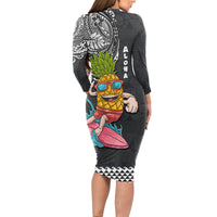 Hawaii Pineapple Surfing With Kakau Tribal Long Sleeve Bodycon Dress LT03 - Polynesian Pride