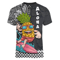 Hawaii Pineapple Surfing With Kakau Tribal Women V Neck T Shirt LT03 - Polynesian Pride