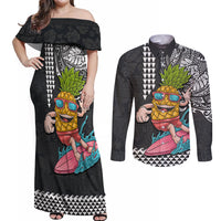 Hawaii Pineapple Surfing Kakau Tribal Personalised Couples Matching Off Shoulder Maxi Dress and Long Sleeve Button Shirt LT03 Brown - Polynesian Pride