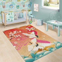 Hawaiian and Japanese Culture Together Area Rug Kakau Art Tattoo with Cranes and Sakura Spring Vibe LT03 - Polynesian Pride