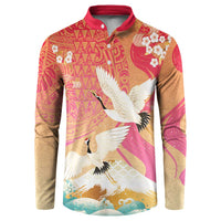 Hawaiian and Japanese Culture Together Button Sweatshirt Kakau Art Tattoo with Cranes and Sakura Spring Vibe LT03 Multicolor - Polynesian Pride