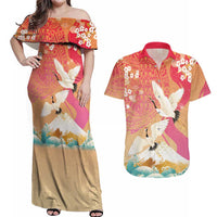 Hawaiian and Japanese Culture Together Couples Matching Off Shoulder Maxi Dress and Hawaiian Shirt Kakau Art Tattoo with Cranes and Sakura Spring Vibe - Polynesian Pride