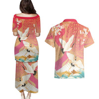 Hawaiian and Japanese Culture Together Couples Matching Puletasi and Hawaiian Shirt Kakau Art Tattoo with Cranes and Sakura Spring Vibe - Polynesian Pride
