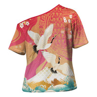 Hawaiian and Japanese Culture Together Cross Shoulder Shirt Kakau Art Tattoo with Cranes and Sakura Spring Vibe - Polynesian Pride