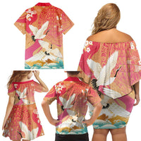 Hawaiian and Japanese Culture Together Family Matching Off Shoulder Short Dress and Hawaiian Shirt Kakau Art Tattoo with Cranes and Sakura Spring Vibe - Polynesian Pride
