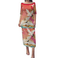 Hawaiian and Japanese Culture Together Family Matching Puletasi and Hawaiian Shirt Kakau Art Tattoo with Cranes and Sakura Spring Vibe LT03 Mom's Dress Multicolor - Polynesian Pride