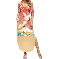 Hawaiian and Japanese Culture Together Family Matching Summer Maxi Dress and Hawaiian Shirt Kakau Art Tattoo with Cranes and Sakura Spring Vibe - Polynesian Pride