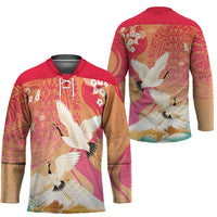 Hawaiian and Japanese Culture Together Hockey Jersey Kakau Art Tattoo with Cranes and Sakura Spring Vibe - Polynesian Pride