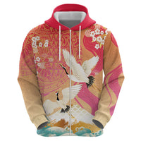 Hawaiian and Japanese Culture Together Hoodie Kakau Art Tattoo with Cranes and Sakura Spring Vibe - Polynesian Pride