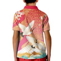 Hawaiian and Japanese Culture Together Kid Polo Shirt Kakau Art Tattoo with Cranes and Sakura Spring Vibe - Polynesian Pride