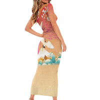 Hawaiian and Japanese Culture Together Short Sleeve Bodycon Dress Kakau Art Tattoo with Cranes and Sakura Spring Vibe - Polynesian Pride