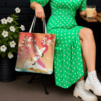 Hawaiian and Japanese Culture Together Tote Bag Kakau Art Tattoo with Cranes and Sakura Spring Vibe - Polynesian Pride