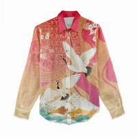 Hawaiian and Japanese Culture Together Women Casual Shirt Kakau Art Tattoo with Cranes and Sakura Spring Vibe - Polynesian Pride