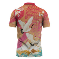 Hawaiian and Japanese Culture Together Zipper Polo Shirt Kakau Art Tattoo with Cranes and Sakura Spring Vibe - Polynesian Pride