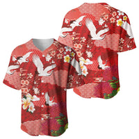 Hawaiian and Japanese Culture Together Baseball Jersey Red Ohia Lehua Plumeria and Sakura Blooming - Polynesian Pride