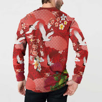 Hawaiian and Japanese Culture Together Button Sweatshirt Red Ohia Lehua Plumeria and Sakura Blooming LT03 - Polynesian Pride