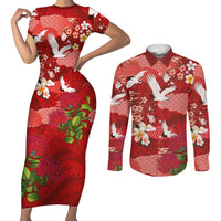 Hawaiian and Japanese Culture Together Couples Matching Short Sleeve Bodycon Dress and Long Sleeve Button Shirt Red Ohia Lehua Plumeria and Sakura Blooming - Polynesian Pride