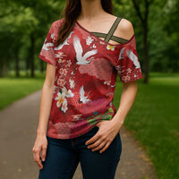 Hawaiian and Japanese Culture Together Cross Shoulder Shirt Red Ohia Lehua Plumeria and Sakura Blooming - Polynesian Pride