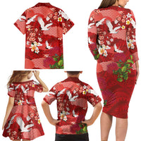 Hawaiian and Japanese Culture Together Family Matching Long Sleeve Bodycon Dress and Hawaiian Shirt Red Ohia Lehua Plumeria and Sakura Blooming - Polynesian Pride
