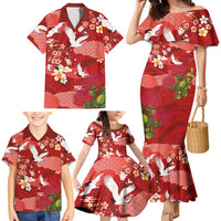 Hawaiian and Japanese Culture Together Family Matching Mermaid Dress and Hawaiian Shirt Red Ohia Lehua Plumeria and Sakura Blooming LT03 - Polynesian Pride