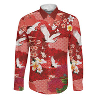 Hawaiian and Japanese Culture Together Family Matching Mermaid Dress and Hawaiian Shirt Red Ohia Lehua Plumeria and Sakura Blooming LT03 Dad's Shirt - Long Sleeve Red - Polynesian Pride